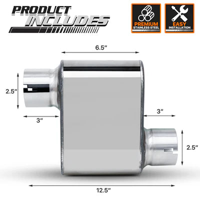 2pcs Stainless Steel Oval Exhaust Muffler 12.5" Length, 2.5" Offset Inlet & Outlet