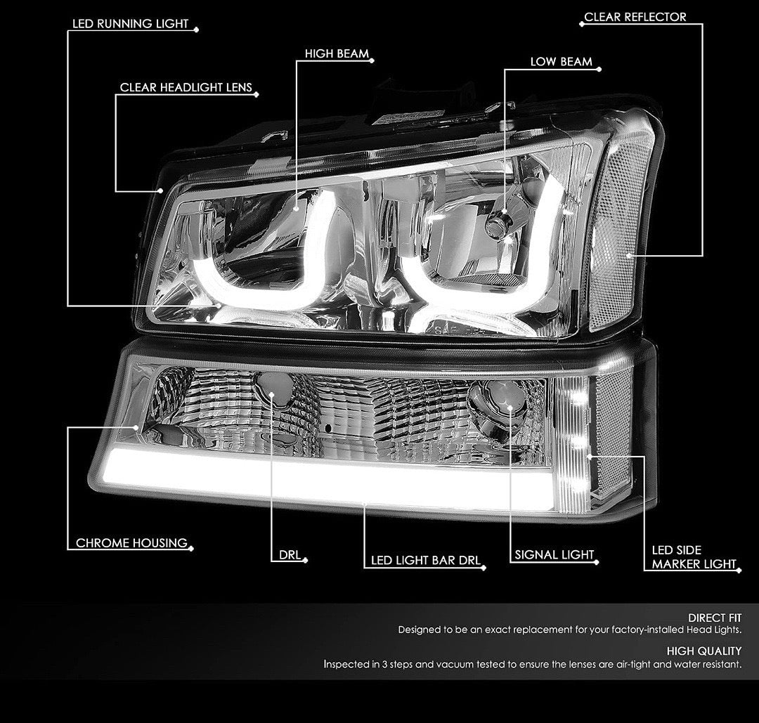 03-06 CHEVY SILVERADO 4 PCS LED HALO BLACK CLEAR HEADLIGHTS OBG
