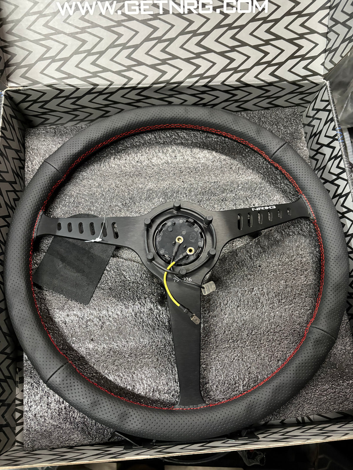 REINFORCED CLASSIC STEALTH WHEEL, 380MM, 3 SPOKE CENTER WITH DIAGNAL SLITS, 1" DEEP DISH WITH PERFORATED LEATHER AND RED STITCHING