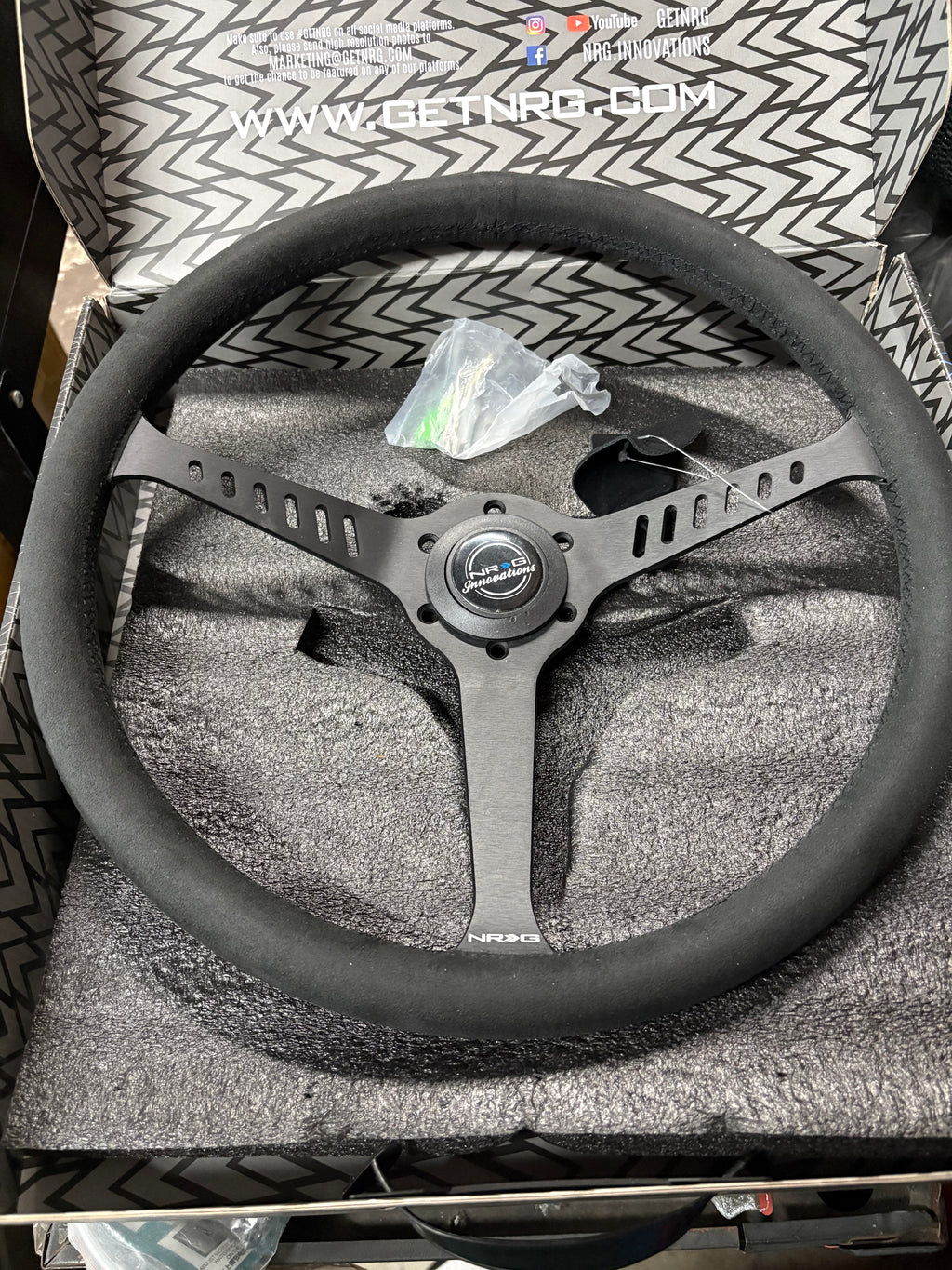 REINFORCED CLASSIC STEALTH WHEEL, 380MM, 3 SPOKE CENTER WITH DIAGNAL SLITS, 1" DEEP DISH WITH VEGAN SUEDE AND BLACK STITCHING