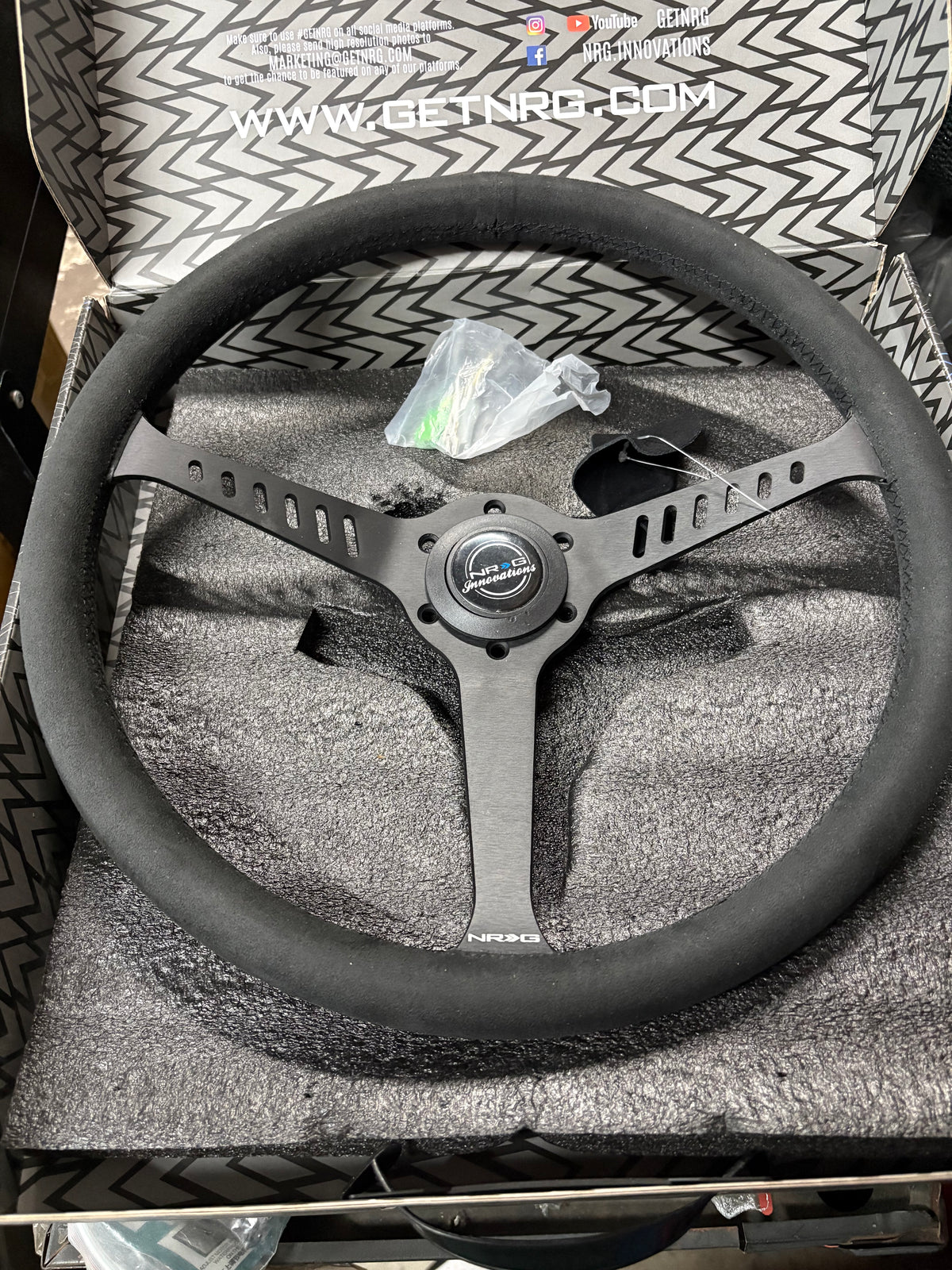 REINFORCED CLASSIC STEALTH WHEEL, 380MM, 3 SPOKE CENTER WITH DIAGNAL SLITS, 1" DEEP DISH WITH VEGAN SUEDE AND BLACK STITCHING