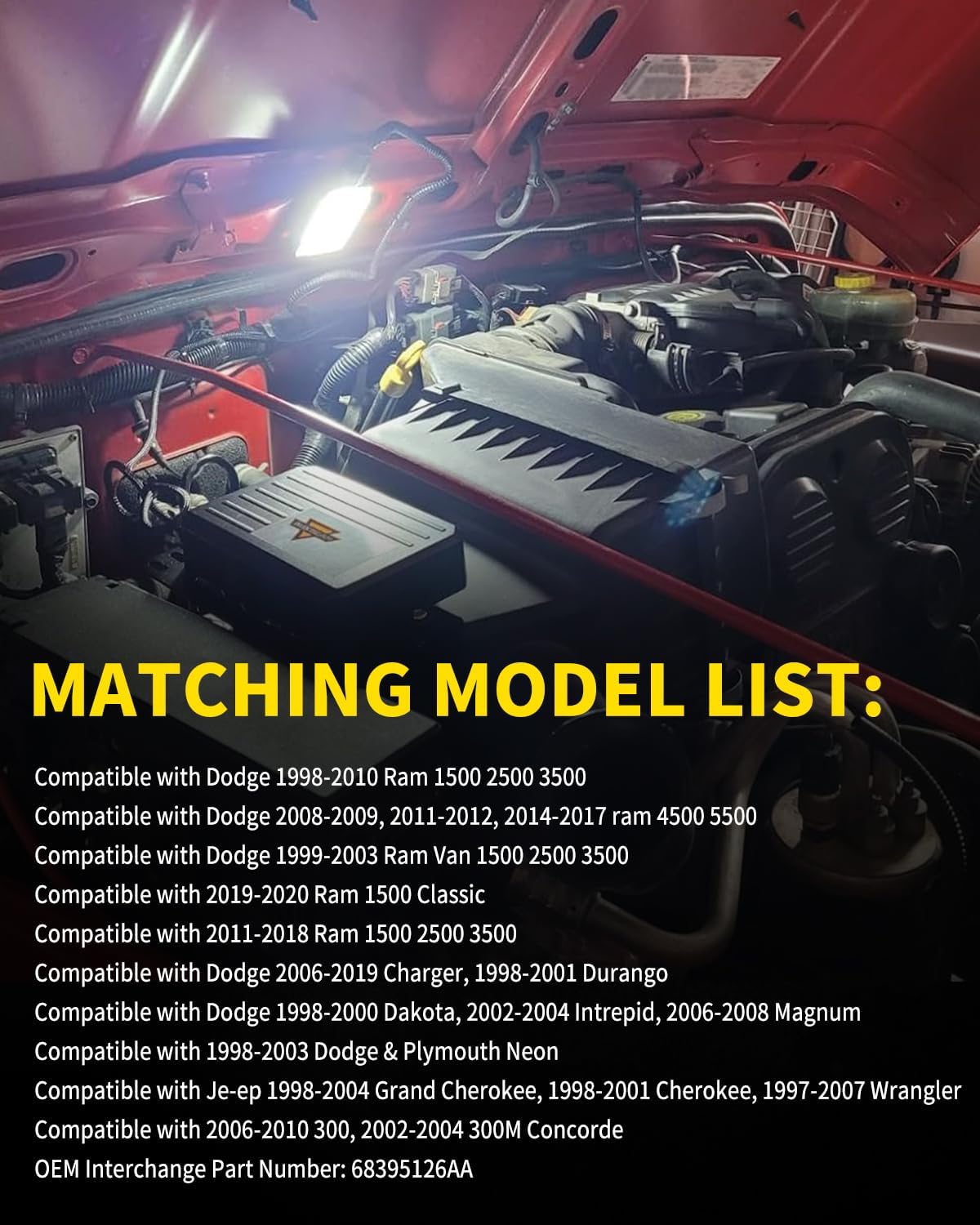 LED Under Hood Light Lamp Assembly Compatible with Dodge 1998-2010 Ram 1500 2500 3500, 2006-2019 Charger, Jeep 1998-2004 Grand Cherokee, 1997-2007 Wrangler, 2002-2004 Concorde, Pack of 1