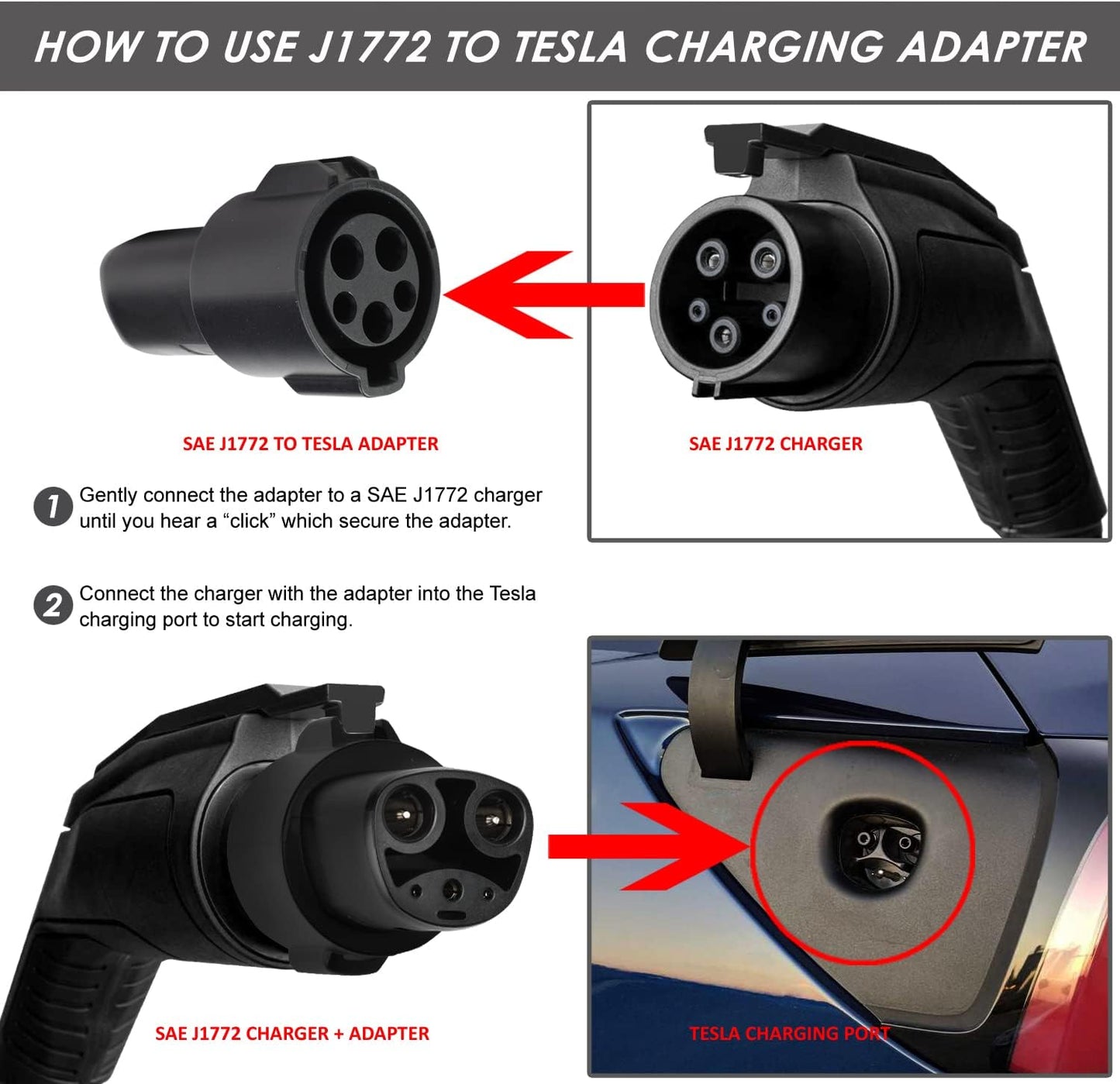 DNA MOTORING TCR-001 J1772 to Tesla Charging Adapter Maximize EV Charging Options Compatible with Tesla Model 3, Y, S, X for Level 1 Level 2 Charging Stations SAE J1772 Charger