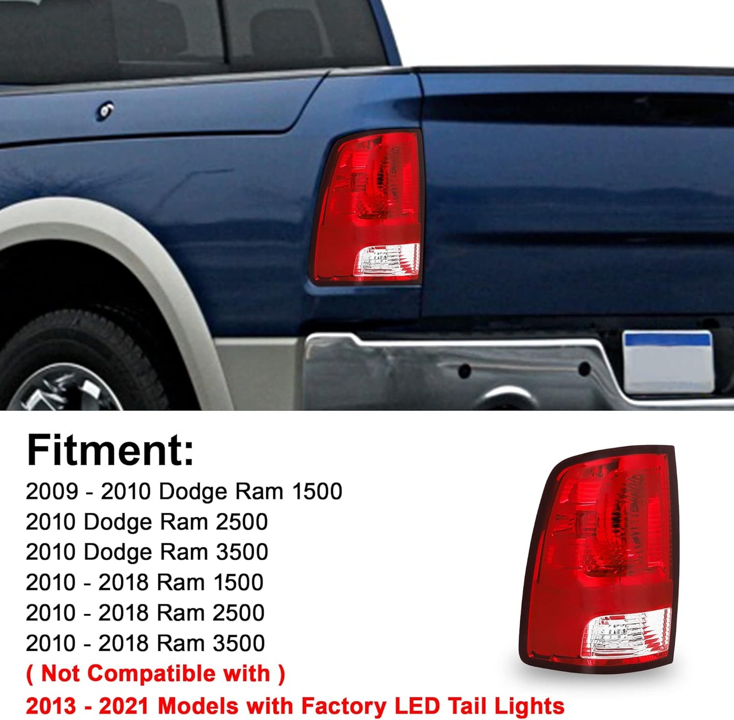 Tail Light Assembly Fit for 2009-2018 2009 2010 2011 2012 2013 2014 2015 2016 2017 2018 09 10 11 12 13 14 15 16 17 18 Ram 1500 2500 3500 Taillight Left Driver Side (Bulbs Not Include)