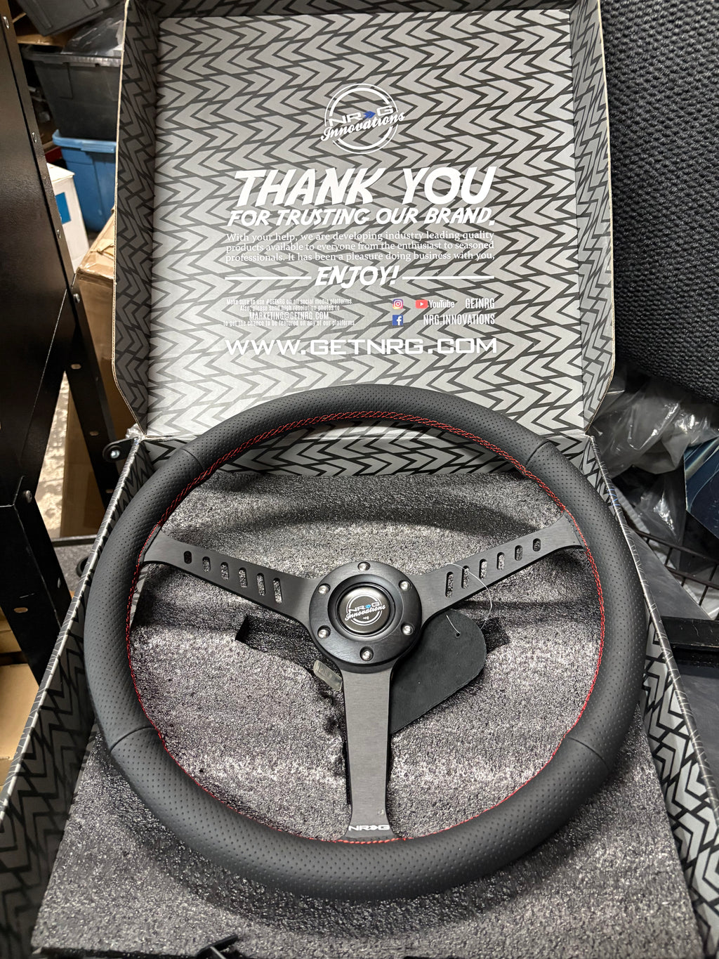 REINFORCED CLASSIC STEALTH WHEEL, 380MM, 3 SPOKE CENTER WITH DIAGNAL SLITS, 1" DEEP DISH WITH PERFORATED LEATHER AND RED STITCHING