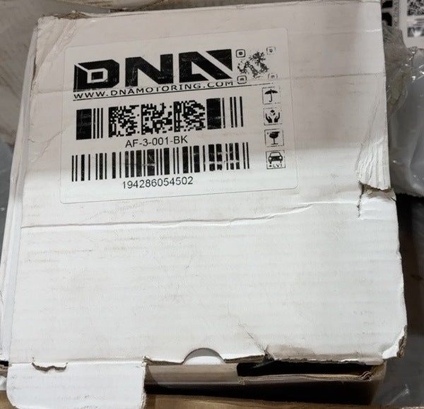 DNA Motoring AF-3-001-BK black air filter original box and barcode label