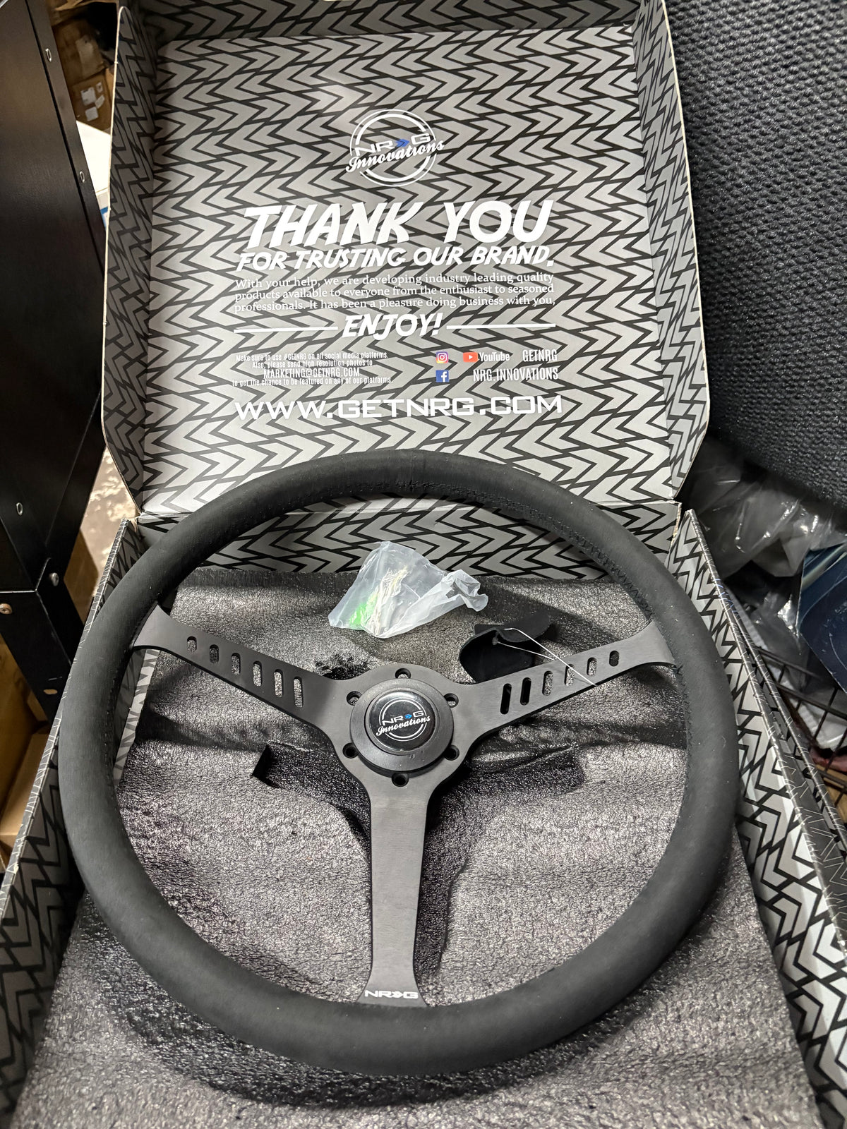 REINFORCED CLASSIC STEALTH WHEEL, 380MM, 3 SPOKE CENTER WITH DIAGNAL SLITS, 1" DEEP DISH WITH VEGAN SUEDE AND BLACK STITCHING