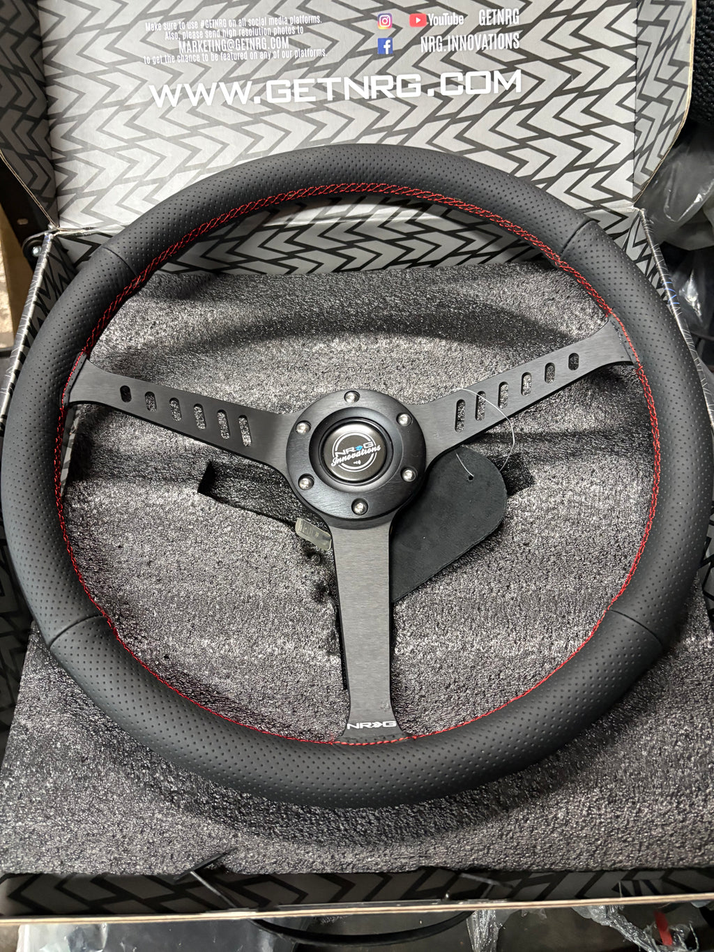 REINFORCED CLASSIC STEALTH WHEEL, 380MM, 3 SPOKE CENTER WITH DIAGNAL SLITS, 1" DEEP DISH WITH PERFORATED LEATHER AND RED STITCHING