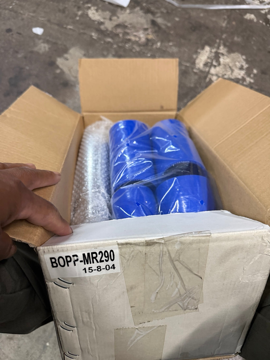 Actual BOPP-MR290 boxed blue silicone parts, secondary code 15-8-04