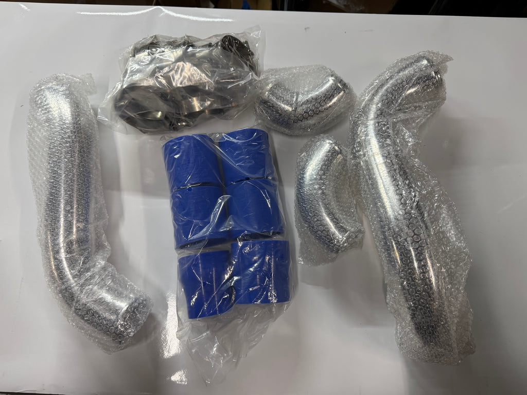 BOPP-MR290 actual silver aluminum intercooler pipes, blue silicone couplers and black clamps, layout 2