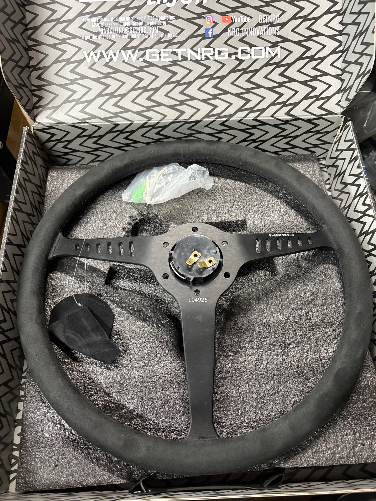 REINFORCED CLASSIC STEALTH WHEEL, 380MM, 3 SPOKE CENTER WITH DIAGNAL SLITS, 1" DEEP DISH WITH VEGAN SUEDE AND BLACK STITCHING