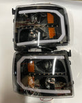 LED DRL + SEQUENTIAL CHASING TURN SIGNAL PROJECTOR HEADLIGHT LAMP SET, BLACK/AMBER