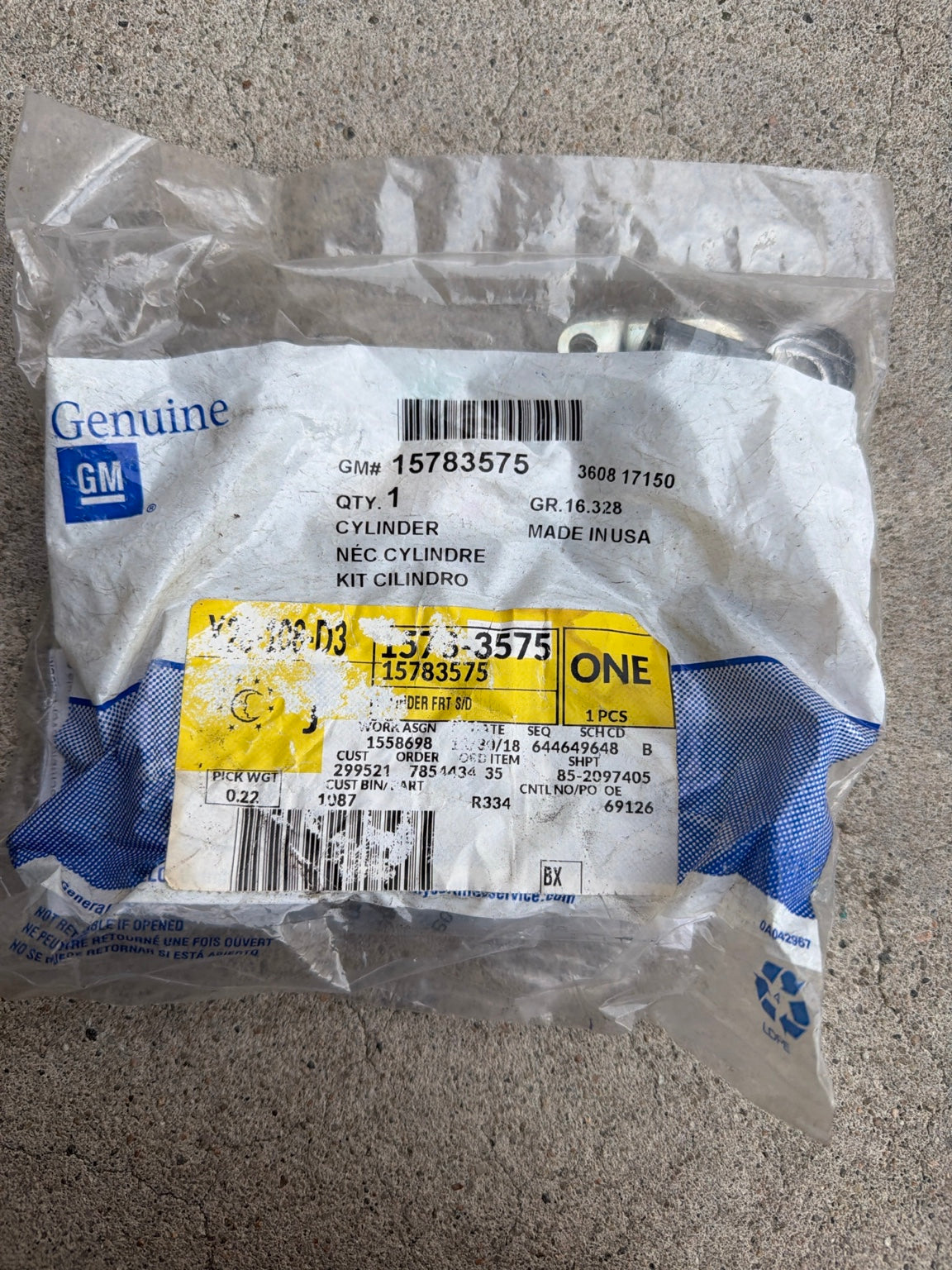 Actual received GM 15783575 factory label