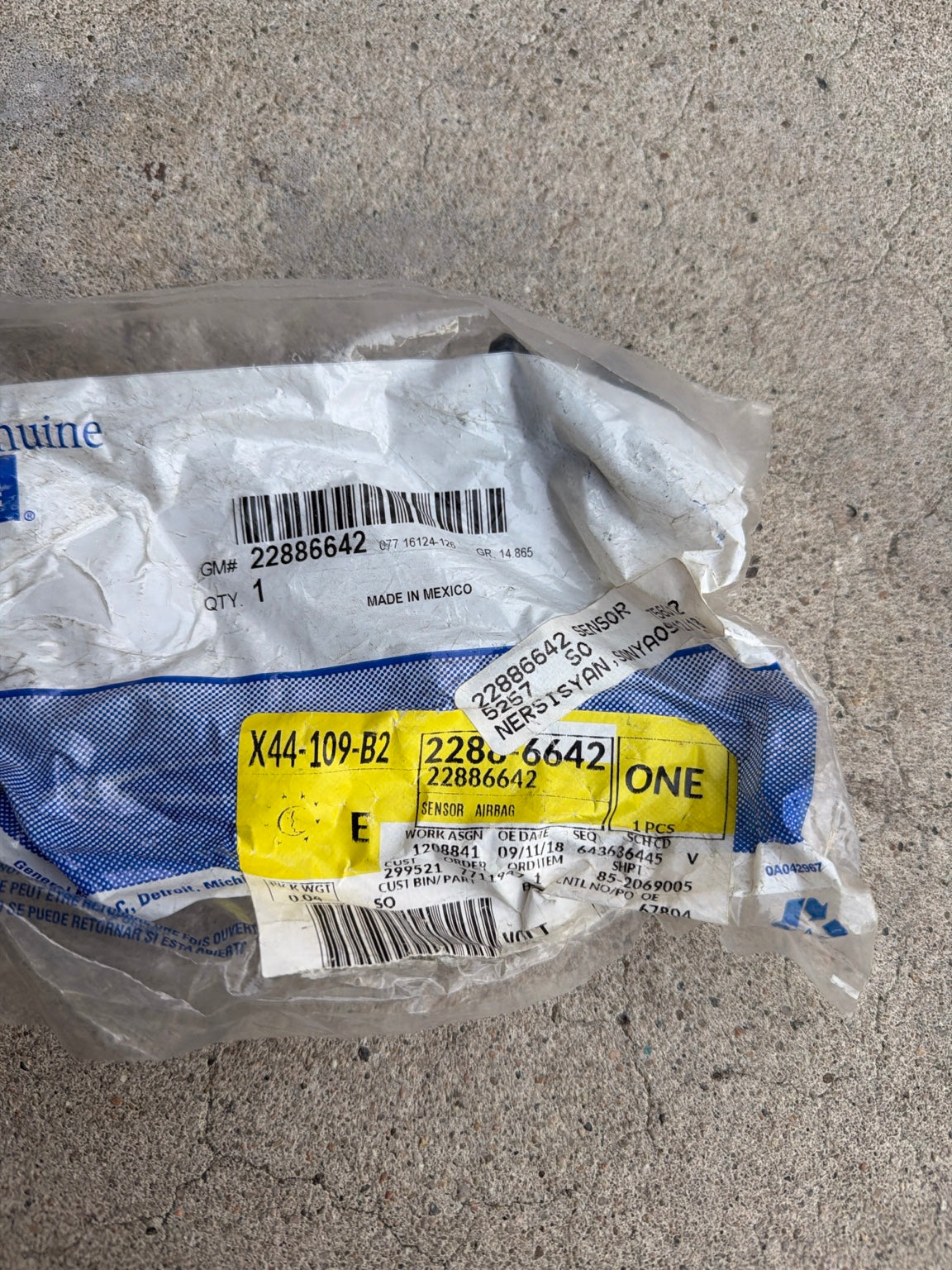 Actual received GM 22886642 factory label