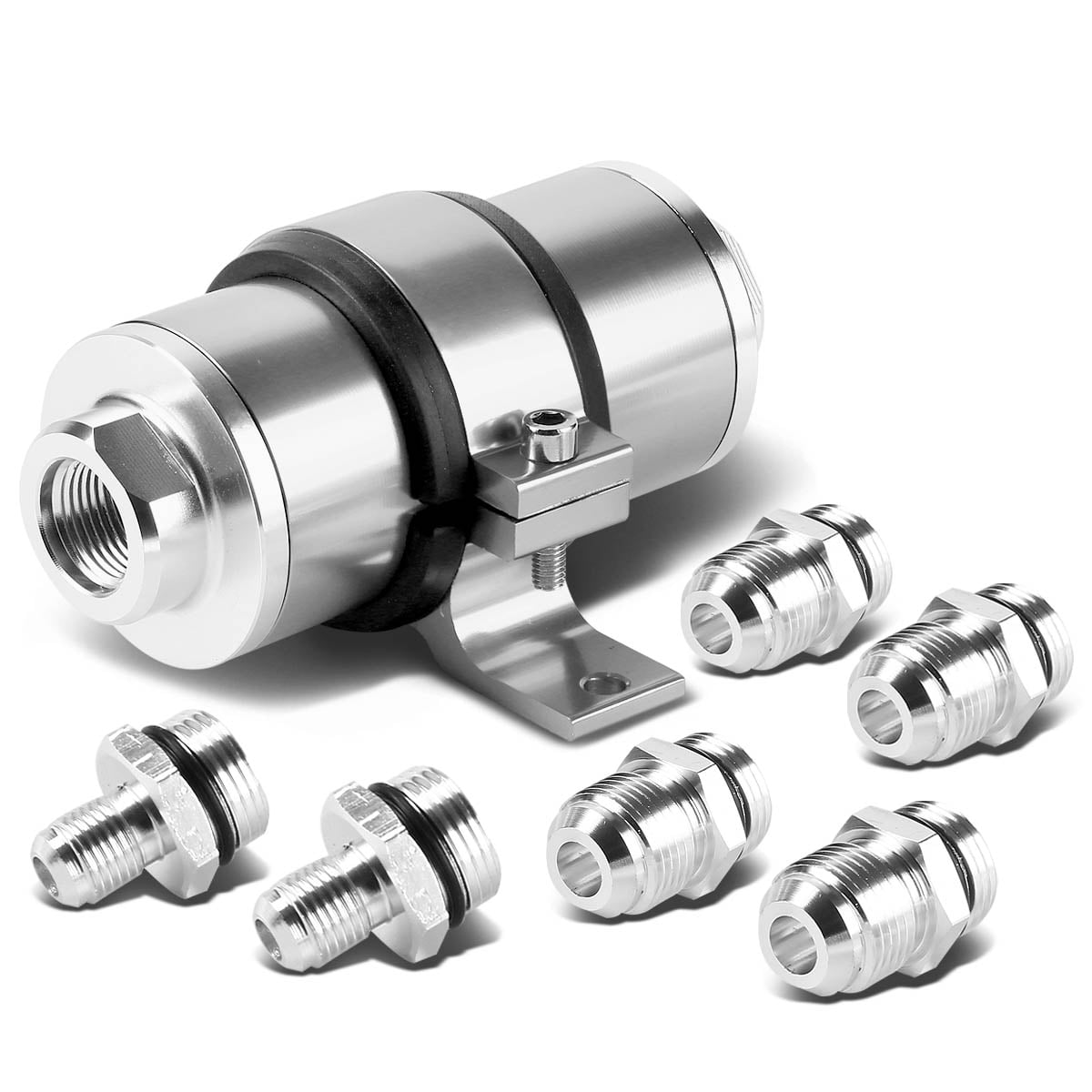 DNA Motoring IFF+C-SL 30 micron silver aluminum inline fuel filter with AN6 AN8 AN10 fittings, product photo 2
