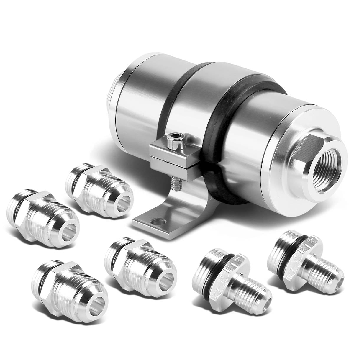 DNA Motoring IFF+C-SL 30 micron silver aluminum inline fuel filter with AN6 AN8 AN10 fittings, product photo 1