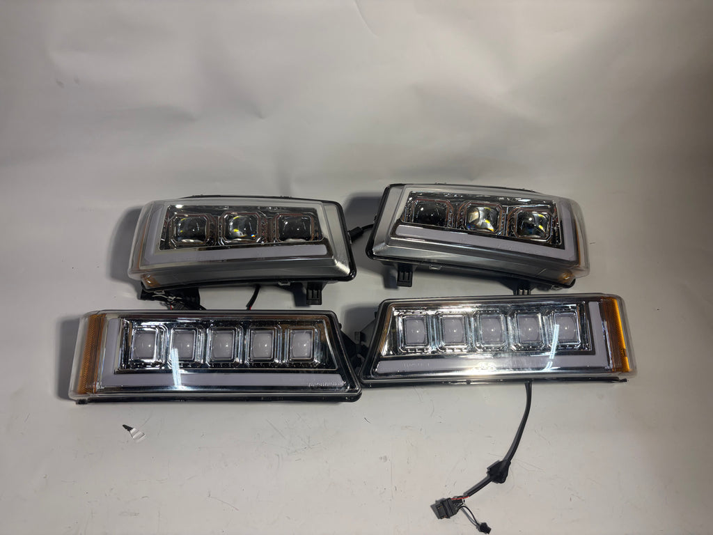 HL-HP8-CSIL03-4P-CH-AM-ASIS 03-06 Chevy Silverado Chrome Amber Fully LED Halogen Headlights Loose Housing