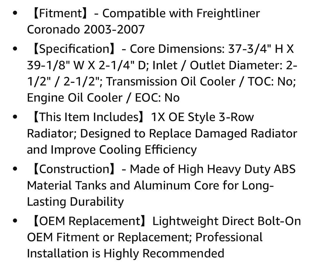 3 ROW ALUMINUM COOLING RADIATOR 03-07 FREIGHTLINER CORONADO RA-FL-007