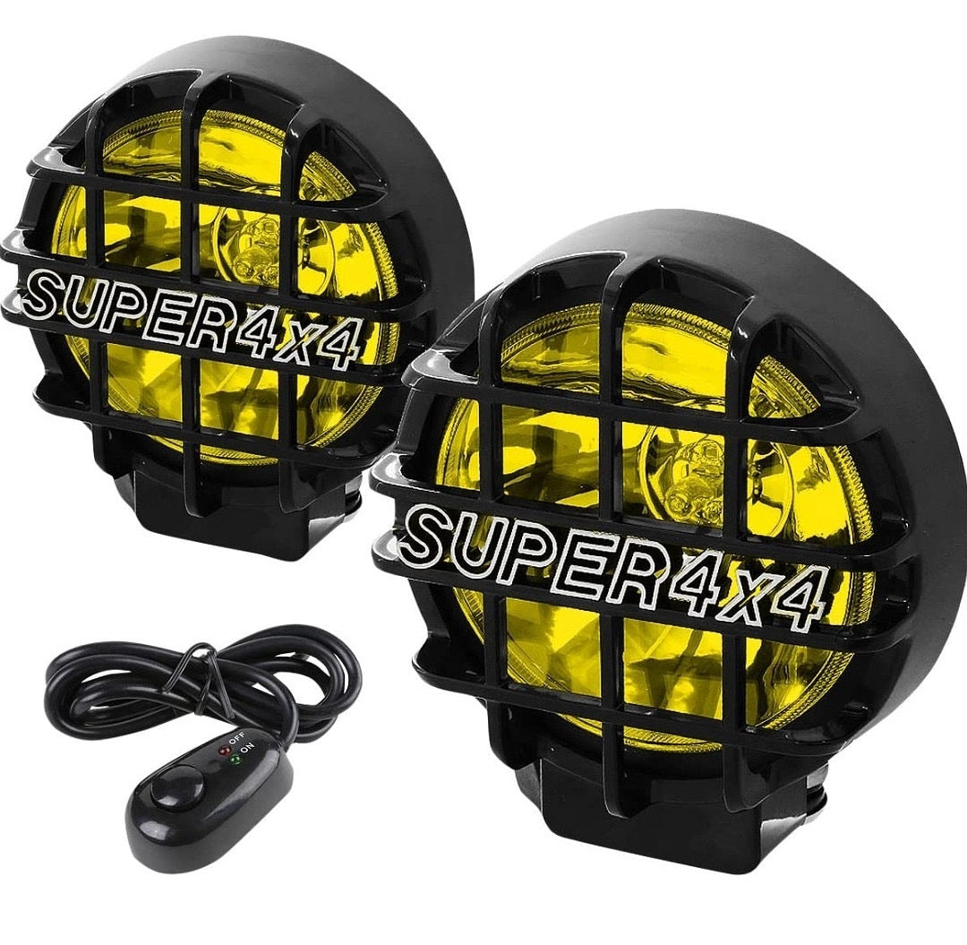 UNIVERSAL 6" ROUND BLACK STONE GUARD YELLOW FOG LIGHT PAIR OFF-ROAD SUPER 4X4 WORK LAMP W/WIRING+SWITCH FL-6-U+SW-AM-BK