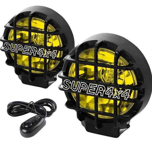 UNIVERSAL 6" ROUND BLACK STONE GUARD YELLOW FOG LIGHT PAIR OFF-ROAD SUPER 4X4 WORK LAMP W/WIRING+SWITCH FL-6-U+SW-AM-BK