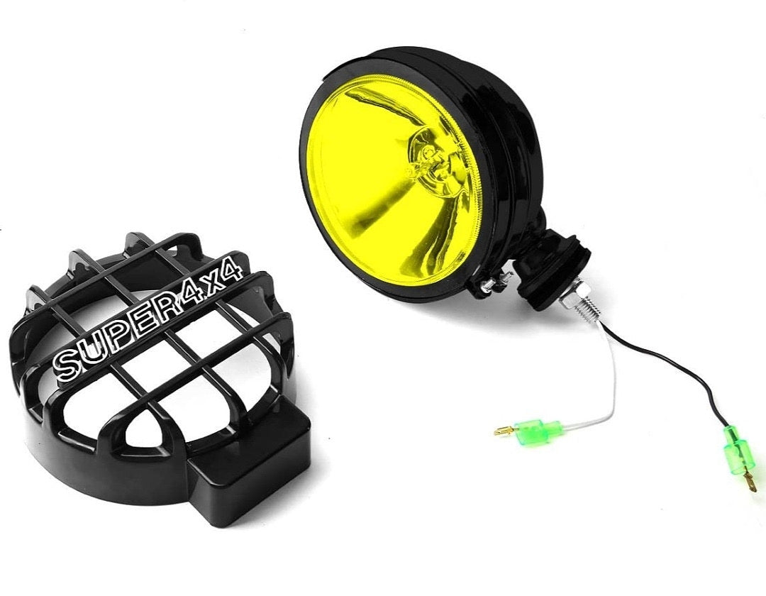 UNIVERSAL 6" ROUND BLACK STONE GUARD YELLOW FOG LIGHT PAIR OFF-ROAD SUPER 4X4 WORK LAMP W/WIRING+SWITCH FL-6-U+SW-AM-BK
