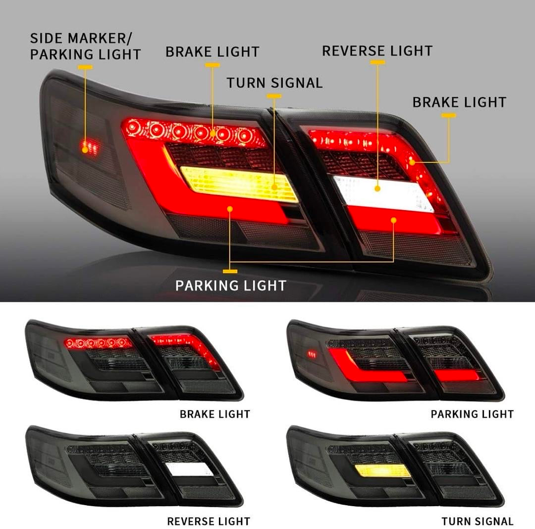 06-11 TOYOTA CAMRY SEDAN SMOKED LED TAILLIGHTS DOES NOT FIT HYBRID MODELS & CAMRY LE & SE & FACTORY LED LAMP