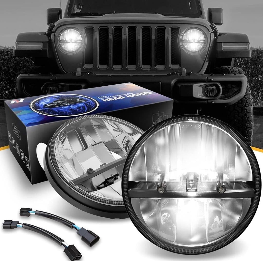 97-17 JEEP WRANGLER JK TJ LJ CJ 18 WRANGLER JK WITH ADAPTER HARNESS (LEFT & RIGHT) DOT APPROVED 7 INCHES LED HEADLIGHT HIGH LOW BEAM COMPATIBLE WITH