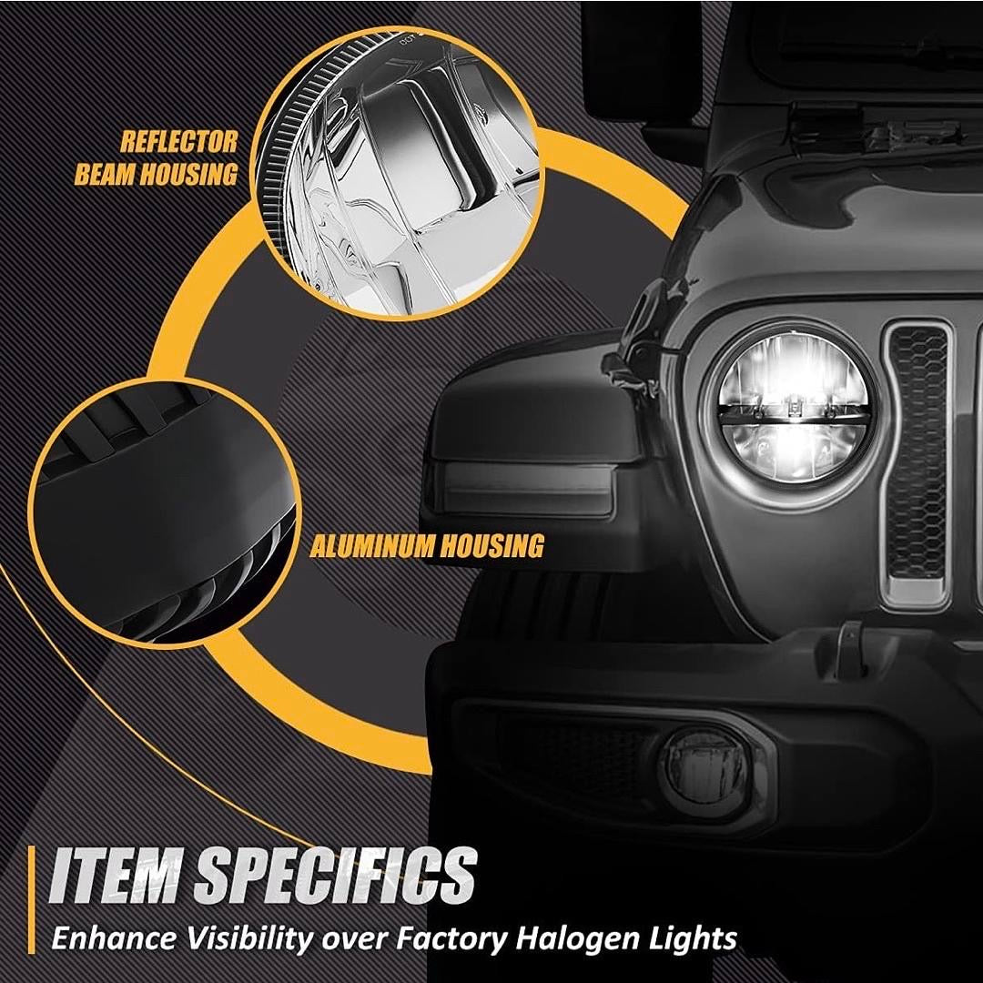 97-17 JEEP WRANGLER JK TJ LJ CJ 18 WRANGLER JK WITH ADAPTER HARNESS (LEFT & RIGHT) DOT APPROVED 7 INCHES LED HEADLIGHT HIGH LOW BEAM COMPATIBLE WITH