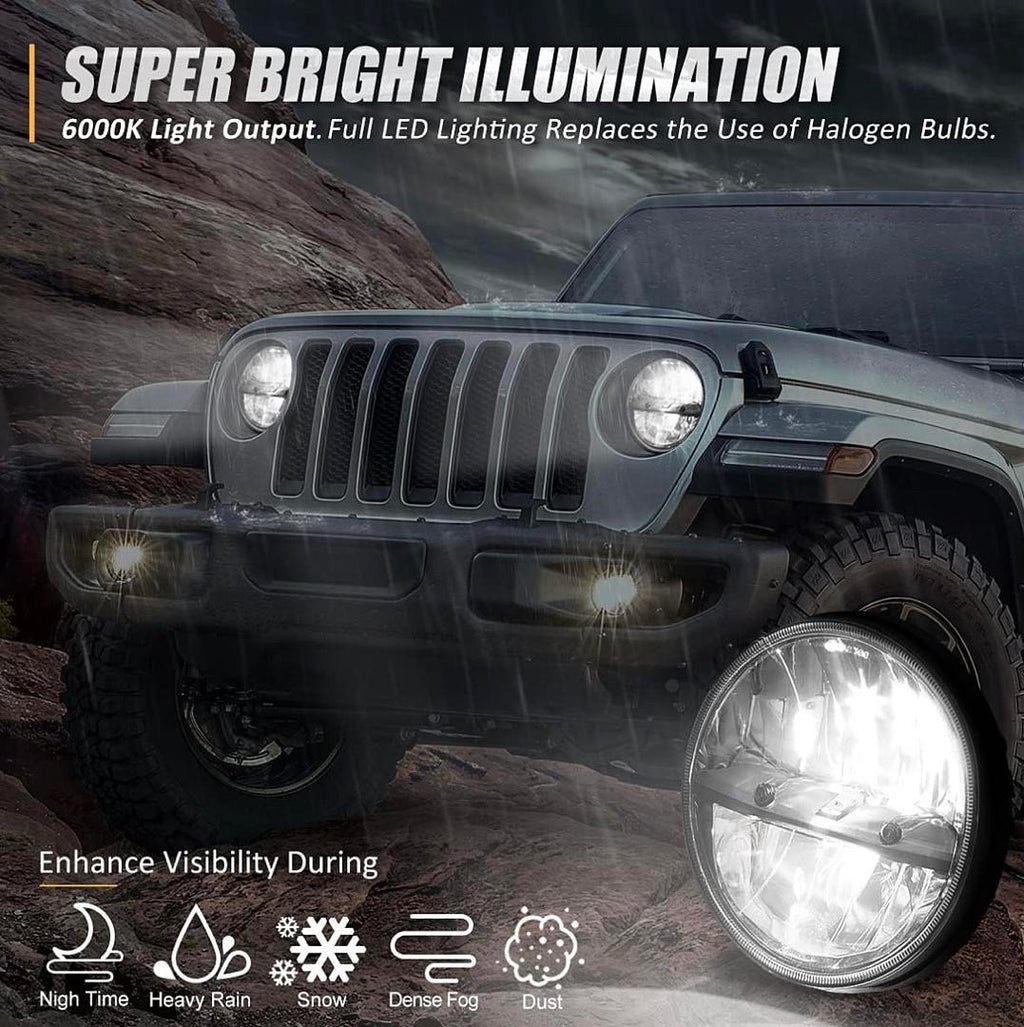 97-17 JEEP WRANGLER JK TJ LJ CJ 18 WRANGLER JK WITH ADAPTER HARNESS (LEFT & RIGHT) DOT APPROVED 7 INCHES LED HEADLIGHT HIGH LOW BEAM COMPATIBLE WITH