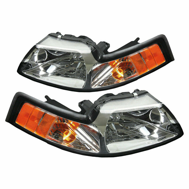 99-04 FORD MUSTANG CHROME HOUSING AND CLEAR WITH AMBER HEADLIGHTS