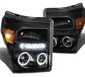 11-16 FORD F-250 / F-350 / F-450 / F-550 SUPER DUTY BLACK HOUSING HEADLIGHTS W/ DUAL LED HALO RINGS & PROJECTOR LIGHTING