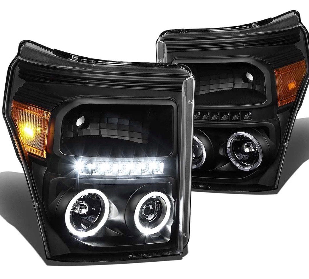 11-16 FORD F-250 / F-350 / F-450 / F-550 SUPER DUTY BLACK HOUSING HEADLIGHTS W/ DUAL LED HALO RINGS & PROJECTOR LIGHTING