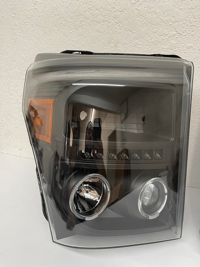 11-16 FORD F-250 / F-350 / F-450 / F-550 SUPER DUTY BLACK HOUSING HEADLIGHTS W/ DUAL LED HALO RINGS & PROJECTOR LIGHTING