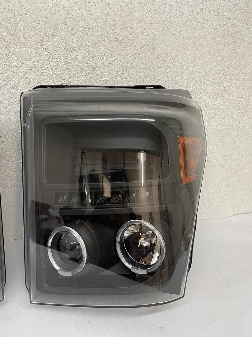 11-16 FORD F-250 / F-350 / F-450 / F-550 SUPER DUTY BLACK HOUSING HEADLIGHTS W/ DUAL LED HALO RINGS & PROJECTOR LIGHTING