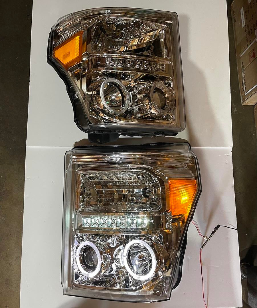 11-16 FORD F-250 / F-350 / F-450 / F-550 SUPER DUTY CHROME HEADLIGHTS W/ LED STRIP & DUAL HALO RING PROJECTORS