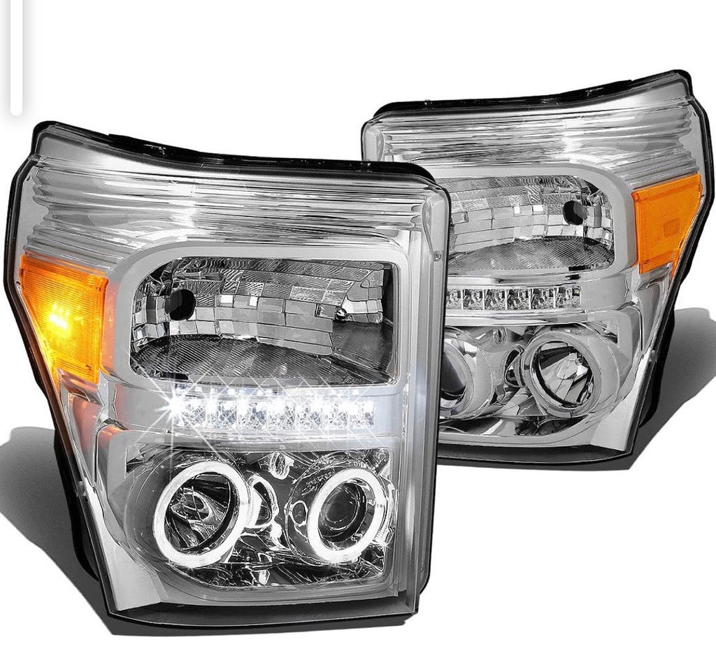 11-16 FORD F-250 / F-350 / F-450 / F-550 SUPER DUTY CHROME HEADLIGHTS W/ LED STRIP & DUAL HALO RING PROJECTORS