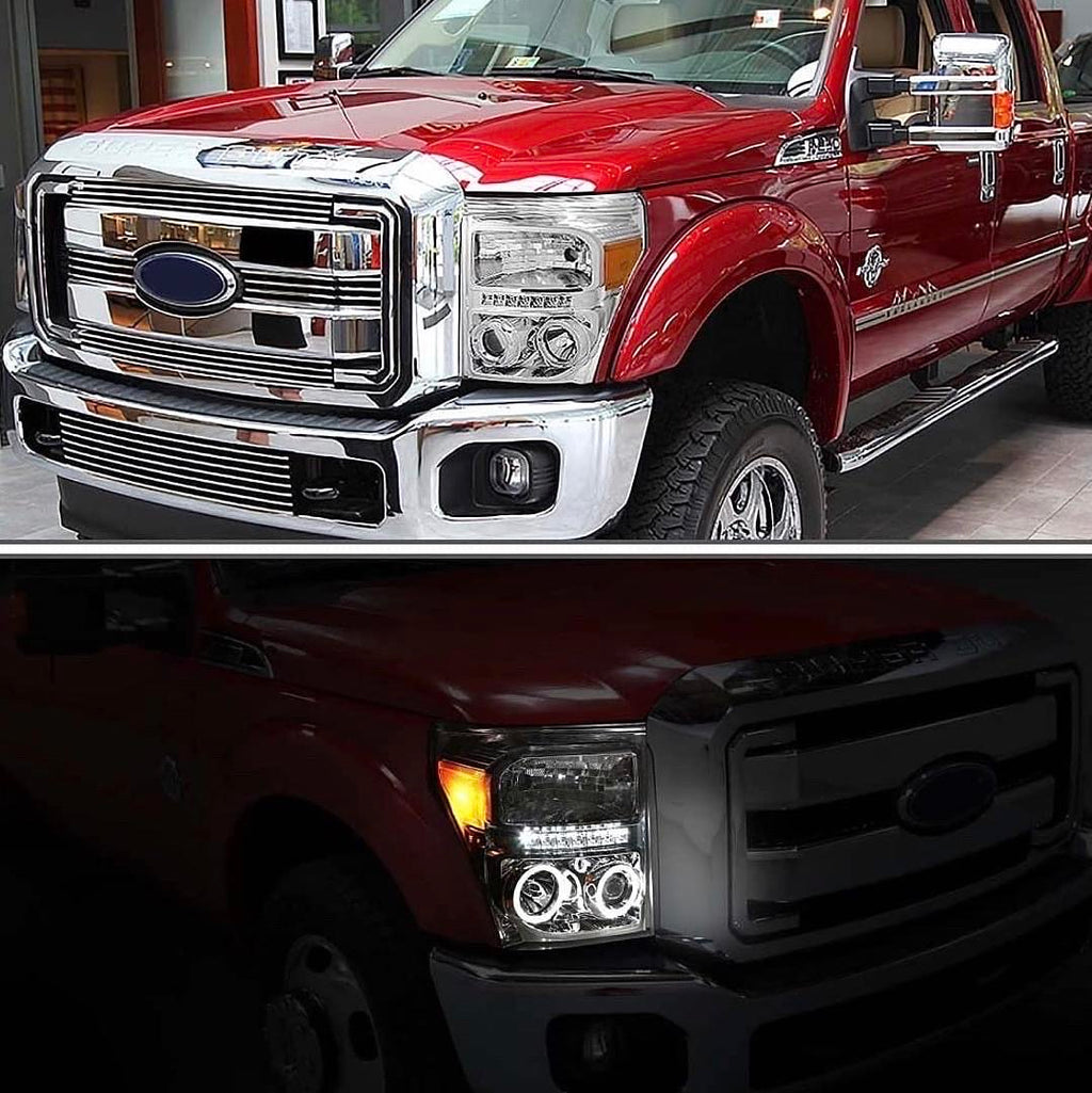 11-16 FORD F-250 / F-350 / F-450 / F-550 SUPER DUTY CHROME HEADLIGHTS W/ LED STRIP & DUAL HALO RING PROJECTORS