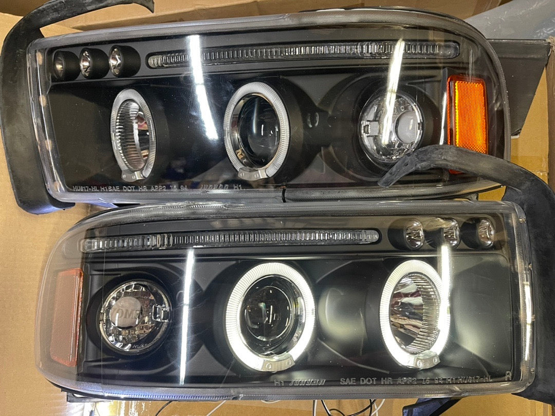 REFURBISHED 94-01 DODGE RAM 1500 94-02 DODGE RAM 2500 3500 LED BLACK HOUSING HALO RING HEADLIGHTS
