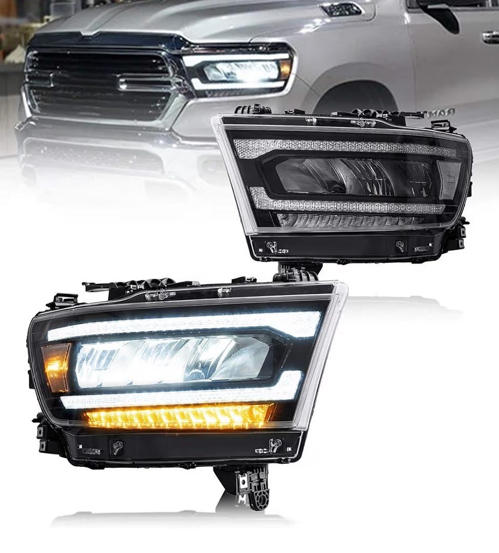 19-24 DODGE RAM 1500 TRADESMAN HFE, BIGHORN, LARAMIE, REBEL, LONE STAR W/SEQUENTIAL W/REFLECTIVE BOWL BLACK AMBER HEADLIGHTS