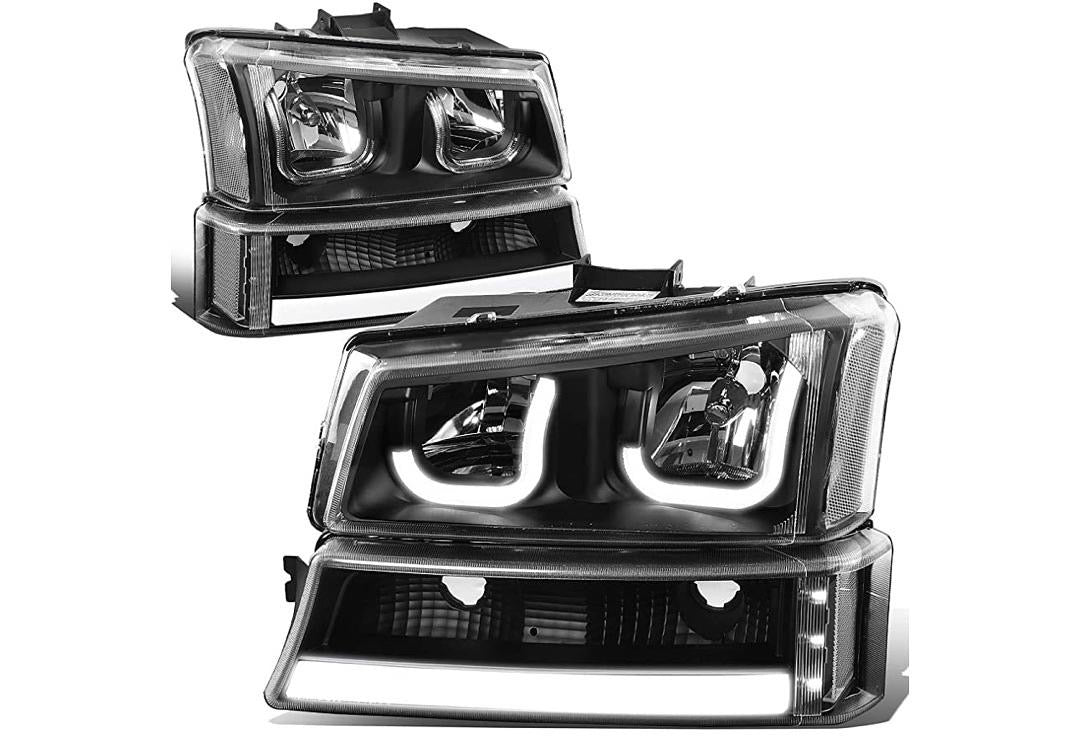 03-06 CHEVY SILVERADO 4 PCS LED HALO BLACK CLEAR HEADLIGHTS OBG