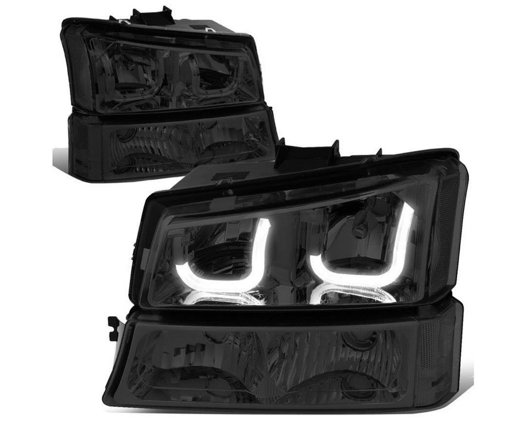 03-06 CHEVY SILVERADO 4 PCS LED HALO BLACK CLEAR HEADLIGHTS OBG