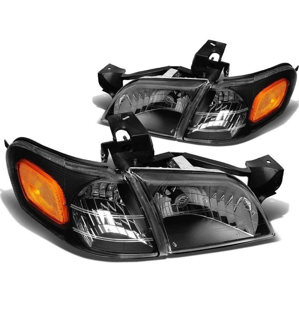FOR 1997 TO 2005 CHEVY VENTURE OLDSMOBILE SILHOUETTE 4PCS HEADLIGHT+CORNER LAMP BLACK HOUSING AMBER CORNER 99 00 01 02 03 04 LEFT + RIGHT