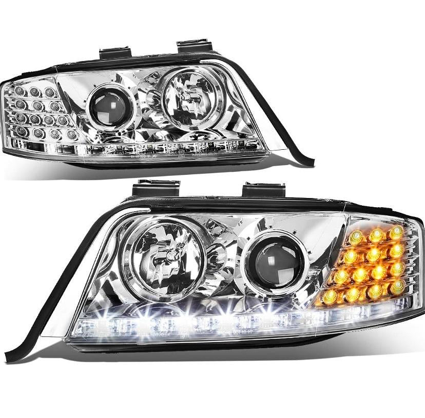 98-01 AUDI A6 QUATTRO DRL LED PROJECTOR PAIR OF CHROME HEADLIGHTS