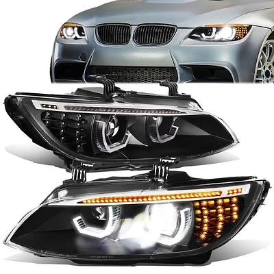 07-10 BMW 328I 335I / XI / XDRIVE / M3 U HALO PROJCTOR SEQUENTIAL DRL LED HID PAIR OF BLACK HEADLIGHGTS HL-3D-HID-E92-BK