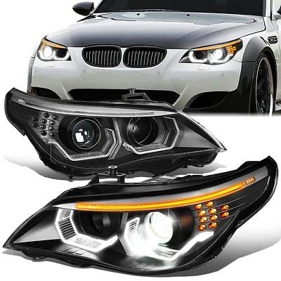 08-10 BMW 5-SERIES DUAL HALO PORJECTOR PAIR OF BLACK HEADLIGHTS BEAMER