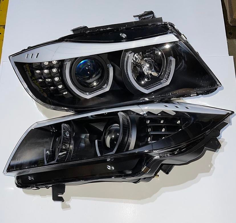05-08 BMW 3-SERIES 4DR ONLY DUAL HALO PROJECTOR PAIR OF BLACK HEADLIGHTS BEAMERS