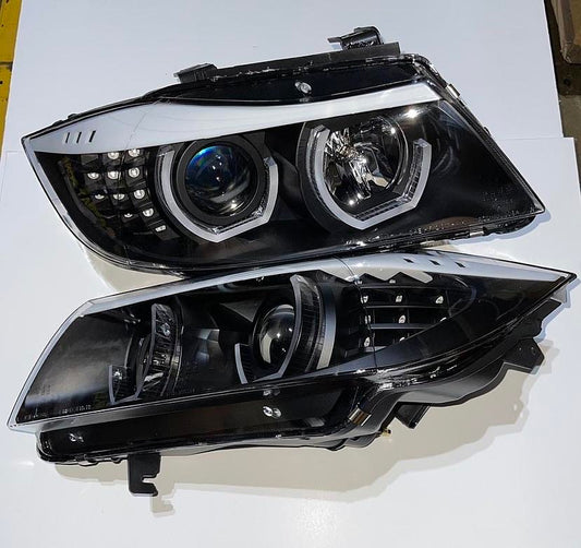 05-08 BMW 3-SERIES 4DR ONLY DUAL HALO PROJECTOR PAIR OF BLACK HEADLIGHTS BEAMERS