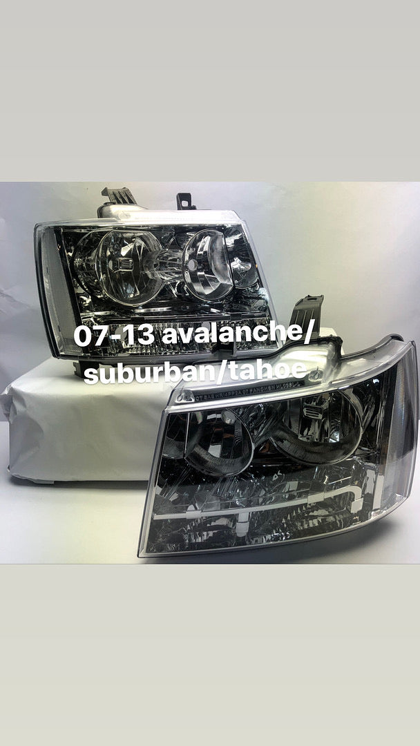 REFURBISHED PAIR OF HEADLIGHT FOR 07-14 CHEVY TAHOE/AVALANCHE/SUBURBAN CHROME HOUSING AND CLEAR