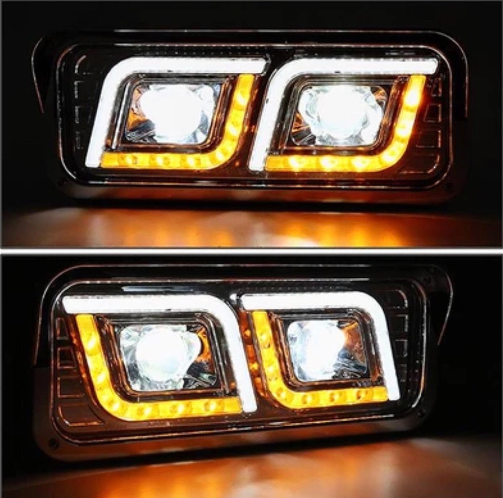 CHROME AMBER TURN SIGNAL PROJECTOR HEADLIGHTS WITH DUAL LED DRL COMPATIBLE WITH 01-11 FREIGHTLINER CLASSIC / 81-19 W900