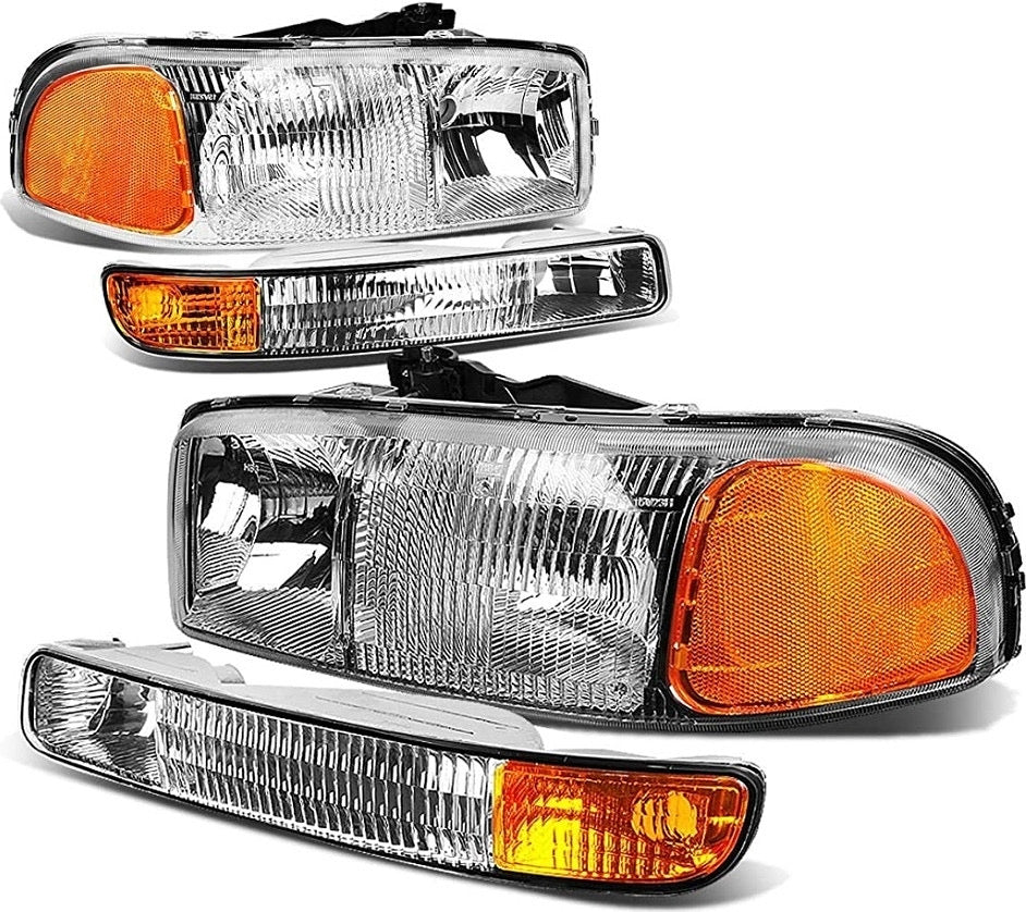99-06 GMC SIERRA CHROME HOUSING WITH AMBER REFLECTOR HEADLIGHTS OE STYLE
